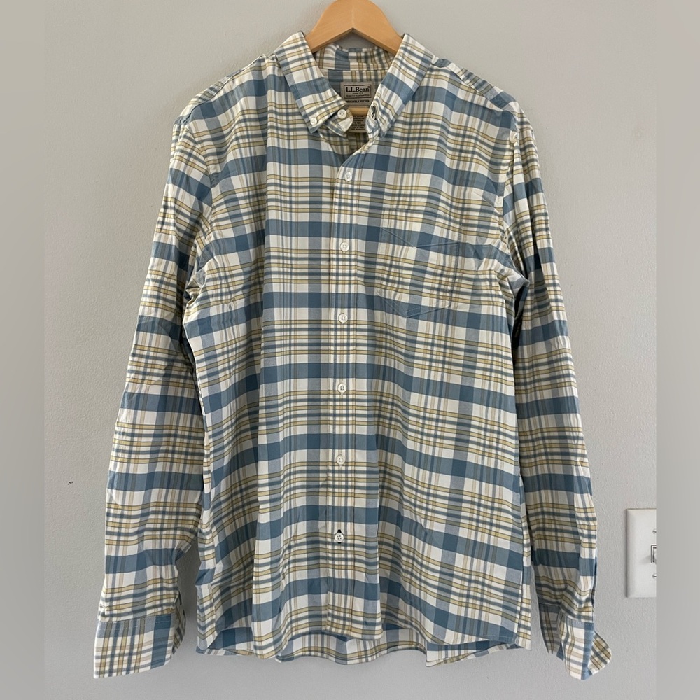 L.L. Bean Men's Blue and Cream Plaid Shirt
